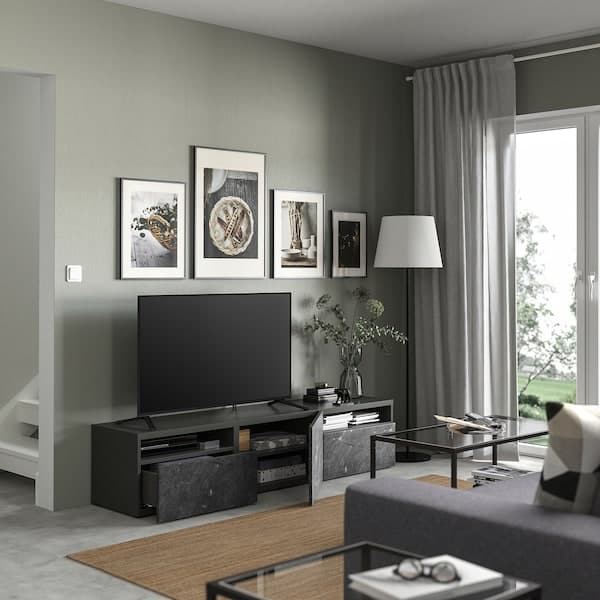 Ikea BESTÅ - TV bench with drawers and door, dark grey/Bergsviken black, 180x42x39 cm