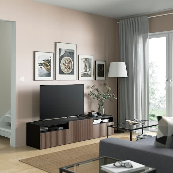 Ikea BESTÅ - TV bench with drawers and door, black-brown Björköviken/brown stained oak veneer, 180x42x39 cm