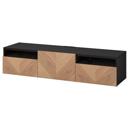 BESTÅ - TV bench with drawers and door, black-brown/Hedeviken oak veneer, 180x42x39 cm - best price from Maltashopper.com 19420303