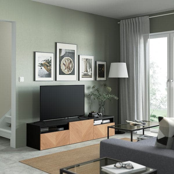 Ikea BESTÅ - TV bench with drawers and door, black-brown/Hedeviken oak veneer, 180x42x39 cm