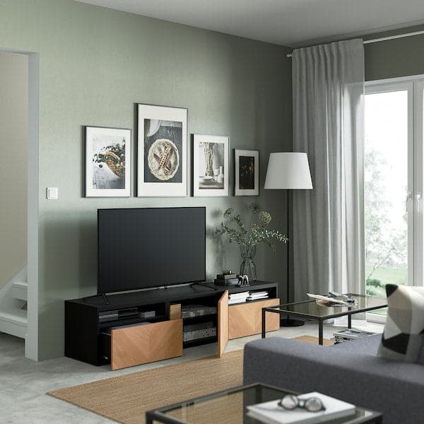 Ikea BESTÅ - TV bench with drawers and door, black-brown/Hedeviken oak veneer, 180x42x39 cm