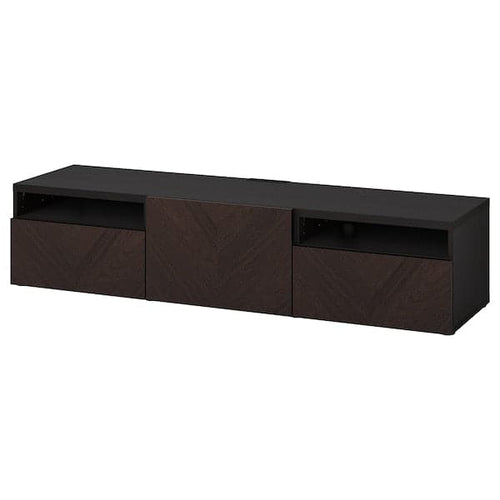 BESTÅ - TV bench with drawers and door, black-brown Hedeviken/dark brown stained oak veneer, 180x42x39 cm