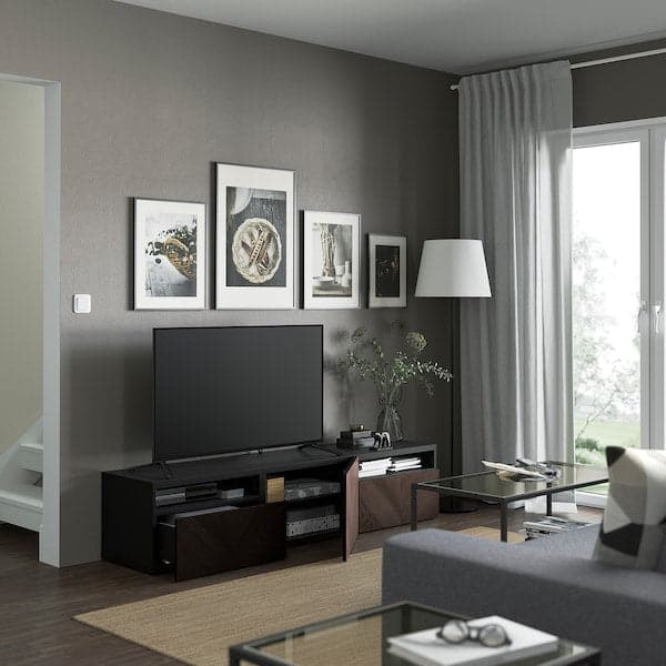 BESTÅ - TV bench with drawers and door, black-brown Hedeviken/dark brown stained oak veneer, 180x42x39 cm - best price from Maltashopper.com 39420298