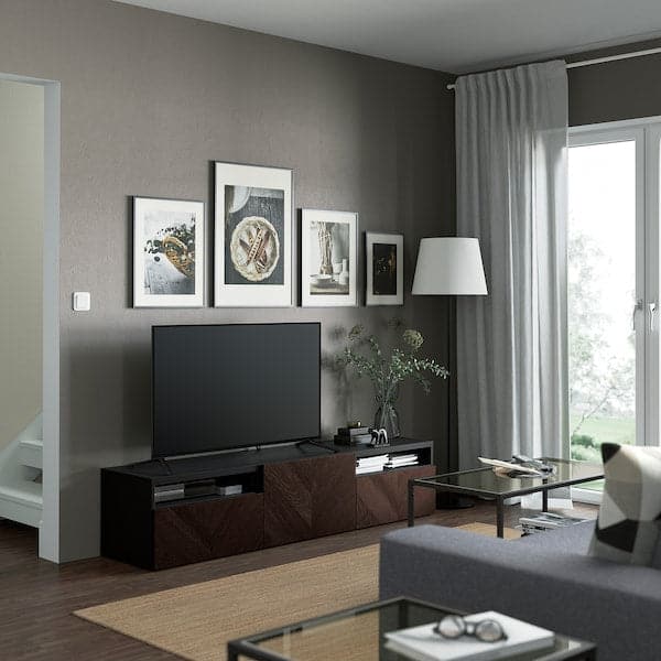 BESTÅ - TV bench with drawers and door, black-brown Hedeviken/dark brown stained oak veneer, 180x42x39 cm - best price from Maltashopper.com 39420298