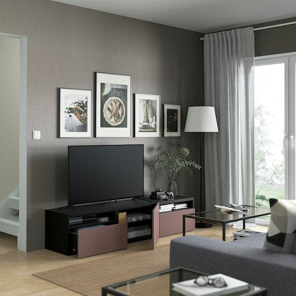 Ikea BESTÅ TV cabinet with drawers and door - black-brown/Hjortviken brown 180x42x39 cm , 180x42x39 cm