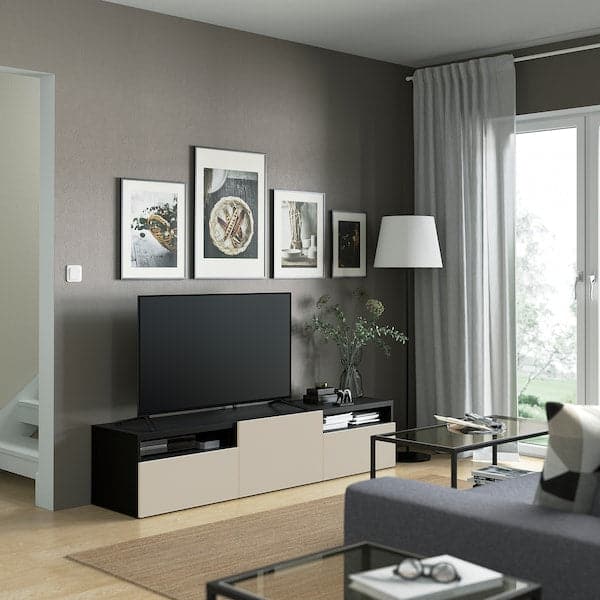 Ikea BESTÅ - TV bench with drawers and door, black-brown/Lappviken light grey/beige, 180x42x39 cm
