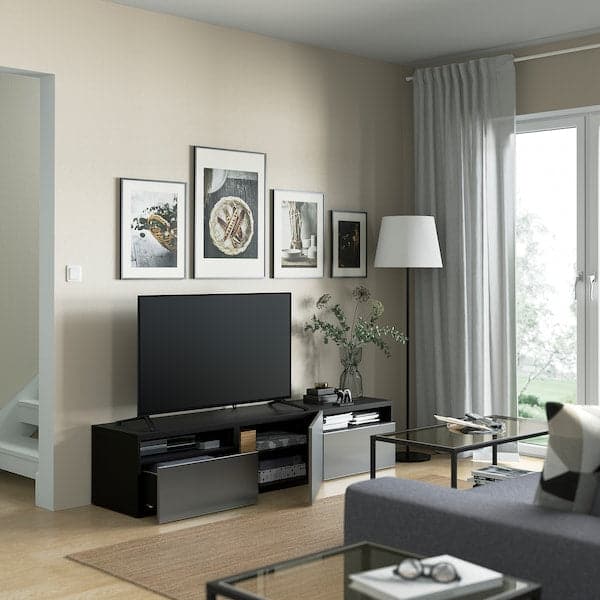 BESTÅ - TV bench with drawers and door, black-brown/Riksviken brushed dark pewter effect, 180x42x39 cm - best price from Maltashopper.com 79435896