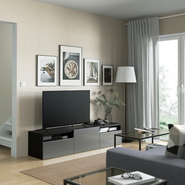 Ikea BESTÅ - TV bench with drawers and door, black-brown/Riksviken brushed dark pewter effect, 180x42x39 cm