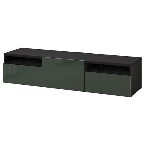 BESTÅ TV bench with drawers and door, black-brown/Selsviken dark olive-green, 180x42x39 cm