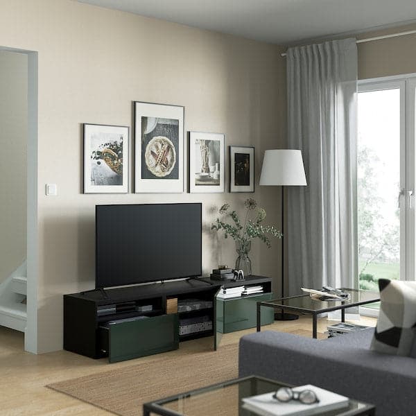 Ikea BESTÅ - TV bench with drawers and door, black-brown/Selsviken dark olive-green, 180x42x39 cm