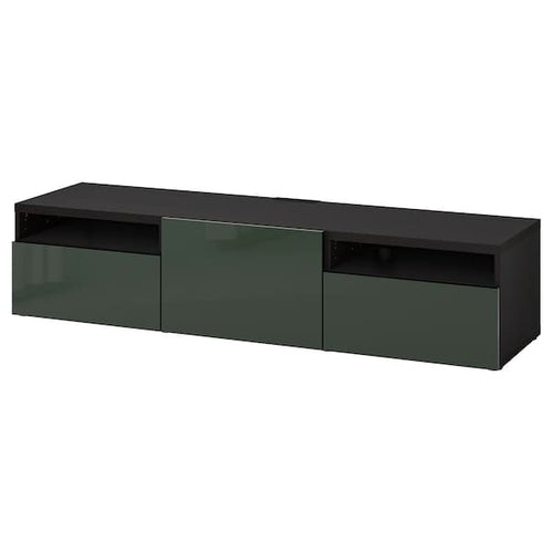 BESTÅ - TV bench with drawers and door, black-brown/Selsviken dark olive-green, 180x42x39 cm