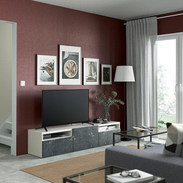 Ikea BESTÅ - TV bench with drawers and door, white/Bergsviken black, 180x42x39 cm