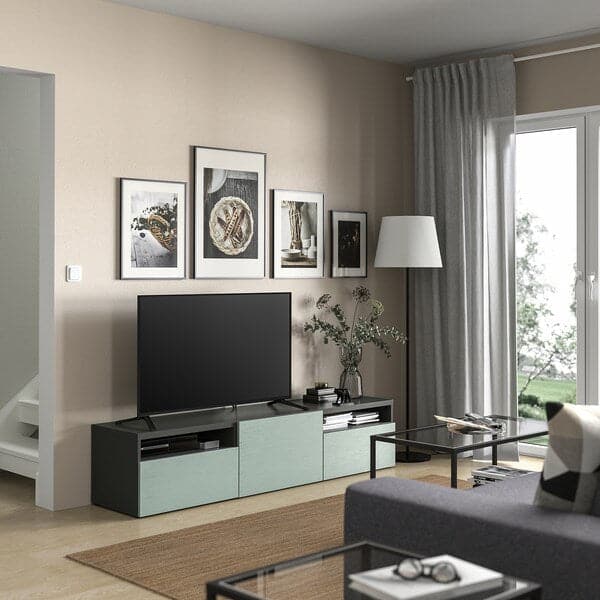 Ikea BESTÅ - TV bench with drawers and door, dark grey/Hjortviken pale grey-green, 180x42x39 cm