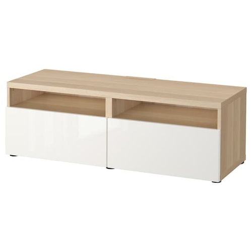 BESTÅ - TV bench with drawers, white stained oak effect/Selsviken high-gloss/white, 120x42x39 cm