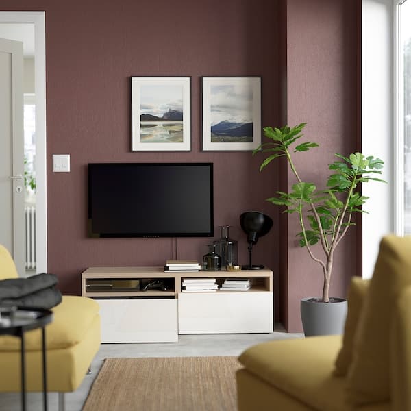 BESTÅ - TV bench with drawers, white stained oak effect/Selsviken high-gloss/white, 120x42x39 cm - best price from Maltashopper.com 29399283