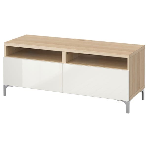 BESTÅ - TV bench with drawers, white stained oak effect/Selsviken high-gloss/white, 120x42x48 cm - best price from Maltashopper.com 49188326