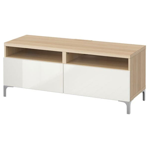 BESTÅ - TV bench with drawers, white stained oak effect/Selsviken high-gloss/white, 120x42x48 cm