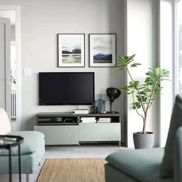 Ikea BESTÅ - TV bench with drawers, dark grey/Hjortviken/Ösarp pale grey-green, 120x42x48 cm