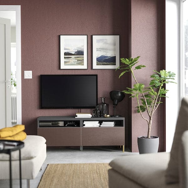 Ikea BESTÅ - TV cabinet with drawers, dark grey/Hjortviken/Ösarp brown, , 120x42x48 cm