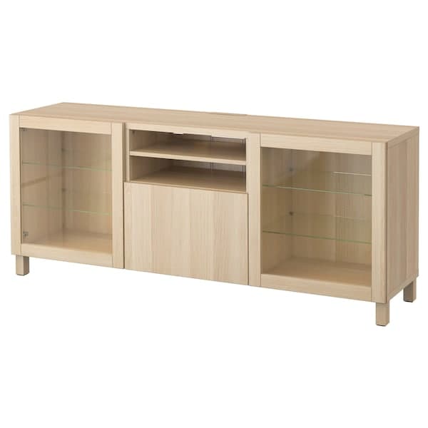 Ikea BESTÅ - TV bench with drawers, Lappviken/Sindvik white stained oak eff clear glass, 180x42x74 cm