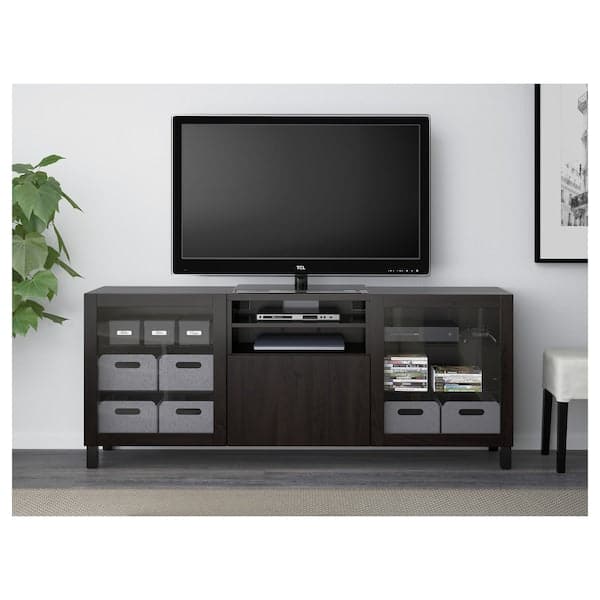 Ikea BESTÅ - TV bench with drawers, Lappviken/Sindvik black-brown clear glass, 180x42x74 cm