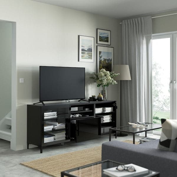 Ikea BESTÅ - TV bench with drawers, black-brown Glassvik/Selsviken/Nannarp black, 180x42x74 cm