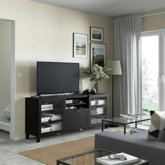 BESTÅ TV cabinet with drawers - black-brown/Hanviken/Stubbarp transparent glass black-brown 180x42x74 cm , 180x42x74 cm - best price from Maltashopper.com 29194088