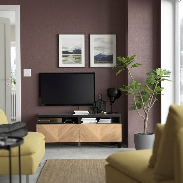 BESTÅ - TV bench with drawers, black-brown Hedeviken/Stubbarp/oak veneer, 120x42x48 cm - best price from Maltashopper.com 19424037