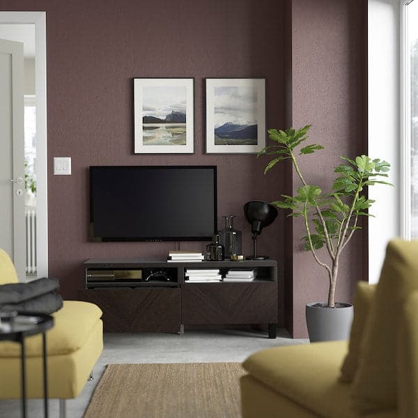 Ikea BESTÅ - TV bench with drawers, black-brown Hedeviken/Stubbarp/dark brown stained oak veneer, 120x42x48 cm