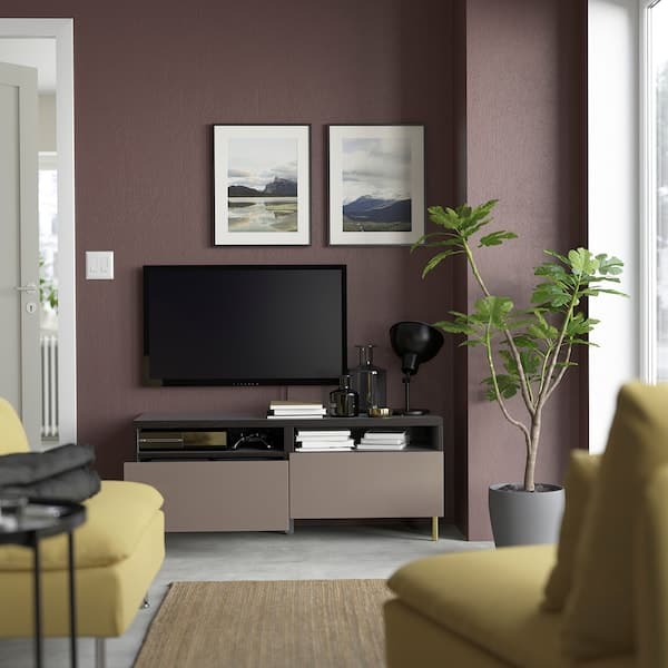 BESTÅ TV bench with drawers, black-brown / Hjortviken / Ösarp brown,120x42x48 cm - best price from Maltashopper.com 39420024