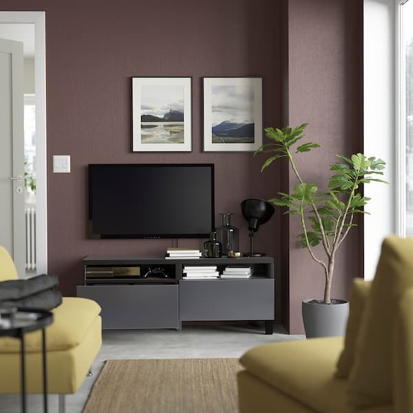 BESTÅ - TV bench with drawers, black-brown/Riksviken/Stubbarp brushed dark pewter effect, 120x42x48 cm - best price from Maltashopper.com 09435866