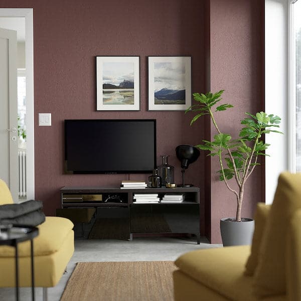 BESTÅ - TV bench with drawers, black-brown/Selsviken high-gloss/black, 120x42x48 cm - best price from Maltashopper.com 99188263