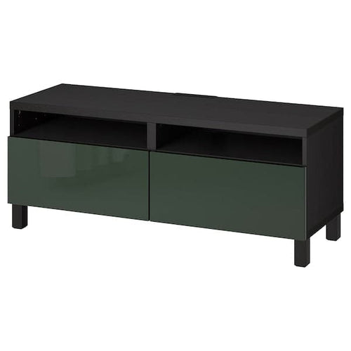 BESTÅ - TV bench with drawers, black-brown/Selsviken/Stubbarp dark olive-green, 120x42x48 cm