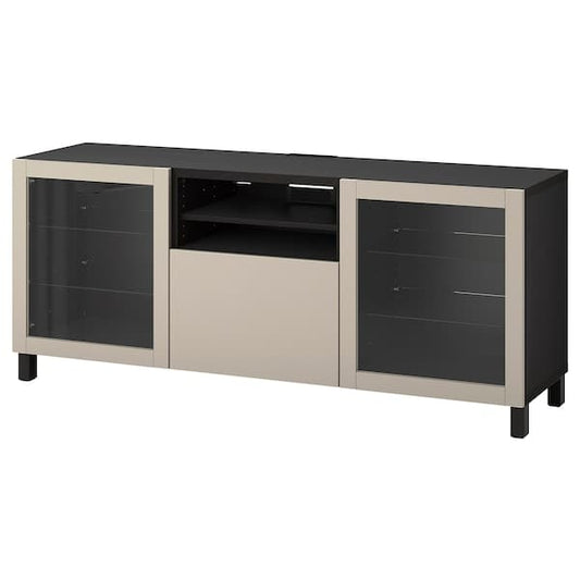 Ikea BESTÅ - TV bench with drawers, black-brown Sindvik/Lappviken/Stubbarp light grey/beige, 180x42x74 cm