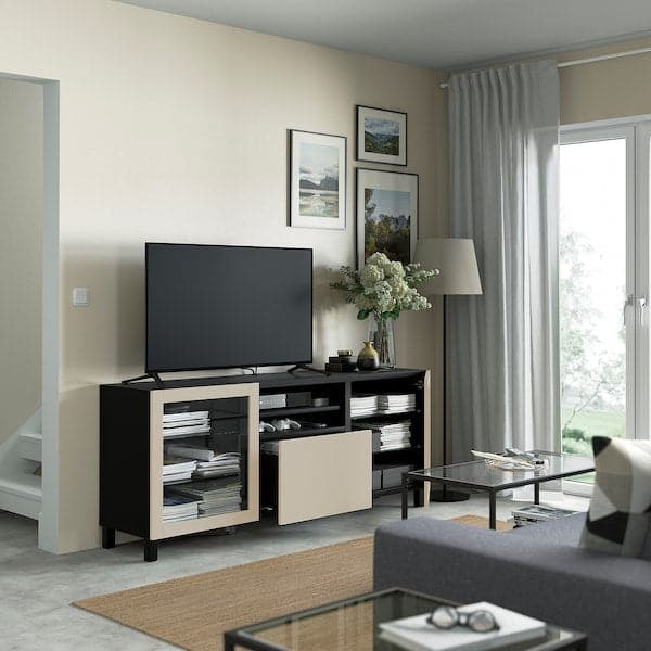 Ikea BESTÅ - TV bench with drawers, black-brown Sindvik/Lappviken/Stubbarp light grey/beige, 180x42x74 cm