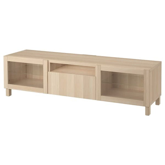 Ikea BESTÅ - TV bench, white stained oak effect/Lappviken/Stubbarp white stained oak eff clear glass, 180x42x48 cm