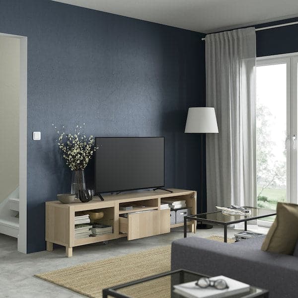 Ikea BESTÅ - TV bench, white stained oak effect/Lappviken/Stubbarp white stained oak eff clear glass, 180x42x48 cm