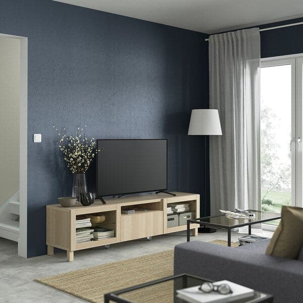 Ikea BESTÅ - TV bench, white stained oak effect/Lappviken/Stubbarp white stained oak eff clear glass, 180x42x48 cm