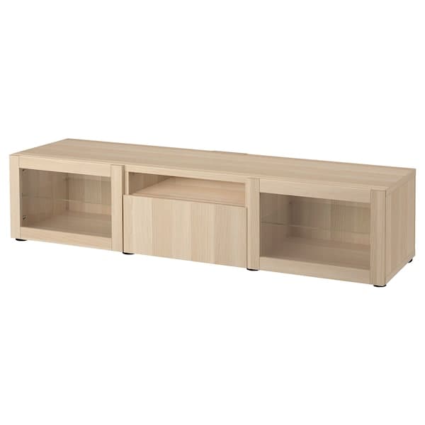 BESTÅ - TV bench, white stained oak effect/Lappviken white stained oak eff clear glass, 180x42x39 cm - best price from Maltashopper.com 29398924