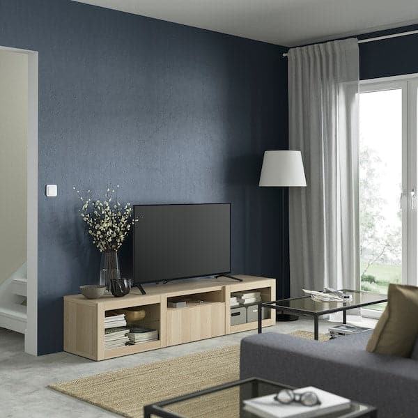 Ikea BESTÅ - TV bench, white stained oak effect/Lappviken white stained oak eff clear glass, 180x42x39 cm