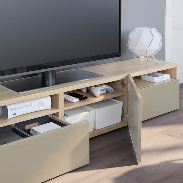 BESTÅ TV cabinet - oak effect with white/Selsviken glossy/beige stain 180x42x39 cm , 180x42x39 cm - best price from Maltashopper.com 29328610