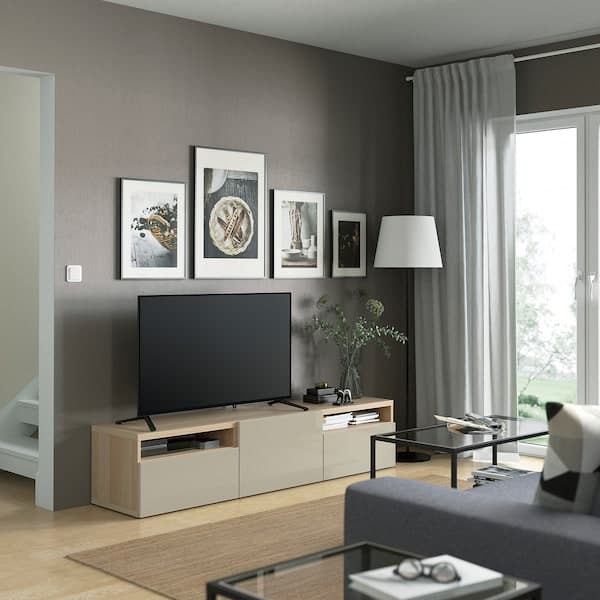 BESTÅ TV cabinet - oak effect with white/Selsviken glossy/beige stain 180x42x39 cm , 180x42x39 cm