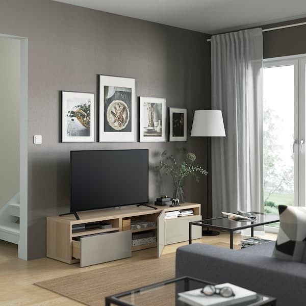 BESTÅ TV cabinet - oak effect with white/Selsviken glossy/beige stain 180x42x39 cm , 180x42x39 cm - best price from Maltashopper.com 29328610