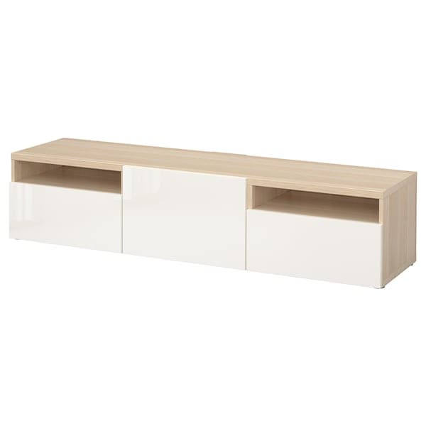BESTÅ - TV bench, white stained oak effect/Selsviken high-gloss/white, 180x42x39 cm - best price from Maltashopper.com 49399084