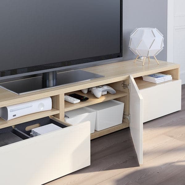 BESTÅ - TV bench, white stained oak effect/Selsviken high-gloss/white, 180x42x39 cm - best price from Maltashopper.com 49328614