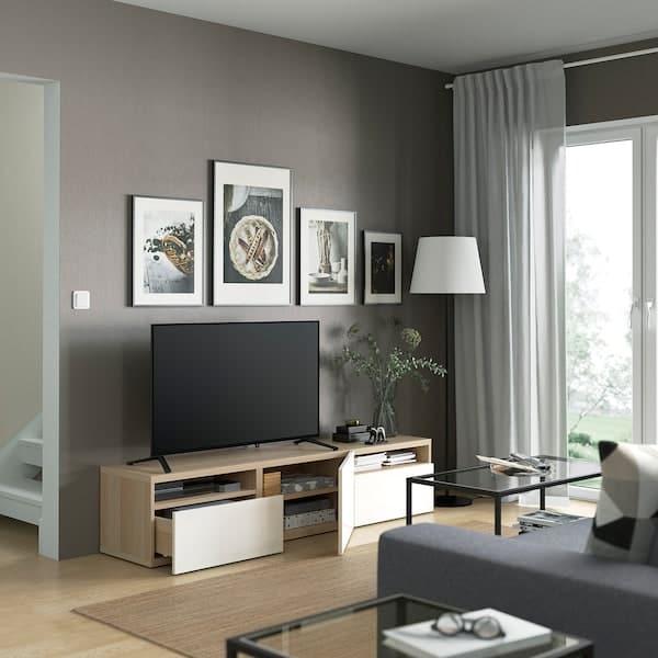 BESTÅ - TV bench, white stained oak effect/Selsviken high-gloss/white, 180x42x39 cm - best price from Maltashopper.com 49399084