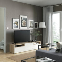 BESTÅ - TV bench, white stained oak effect/Selsviken high-gloss/white, 180x42x39 cm - best price from Maltashopper.com 49328614