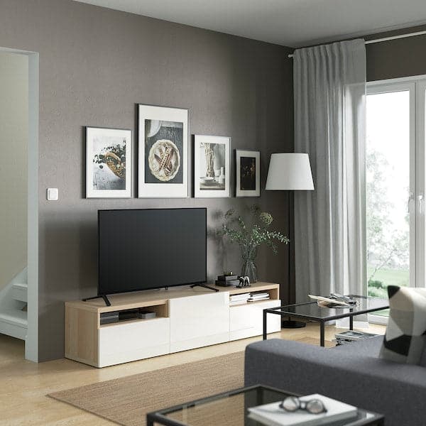 Ikea BESTÅ - TV bench, white stained oak effect/Selsviken high-gloss/white, 180x42x39 cm