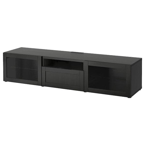 BESTÅ TV cabinet - brown-black/Hanviken transparent brown-black glass 180x42x39 cm