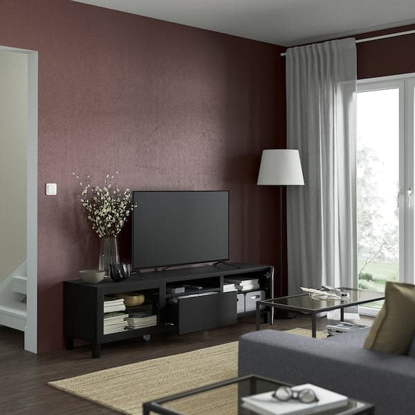 Ikea BESTÅ - TV bench, black-brown/Lappviken/Stubbarp black-brown clear glass, 180x42x48 cm